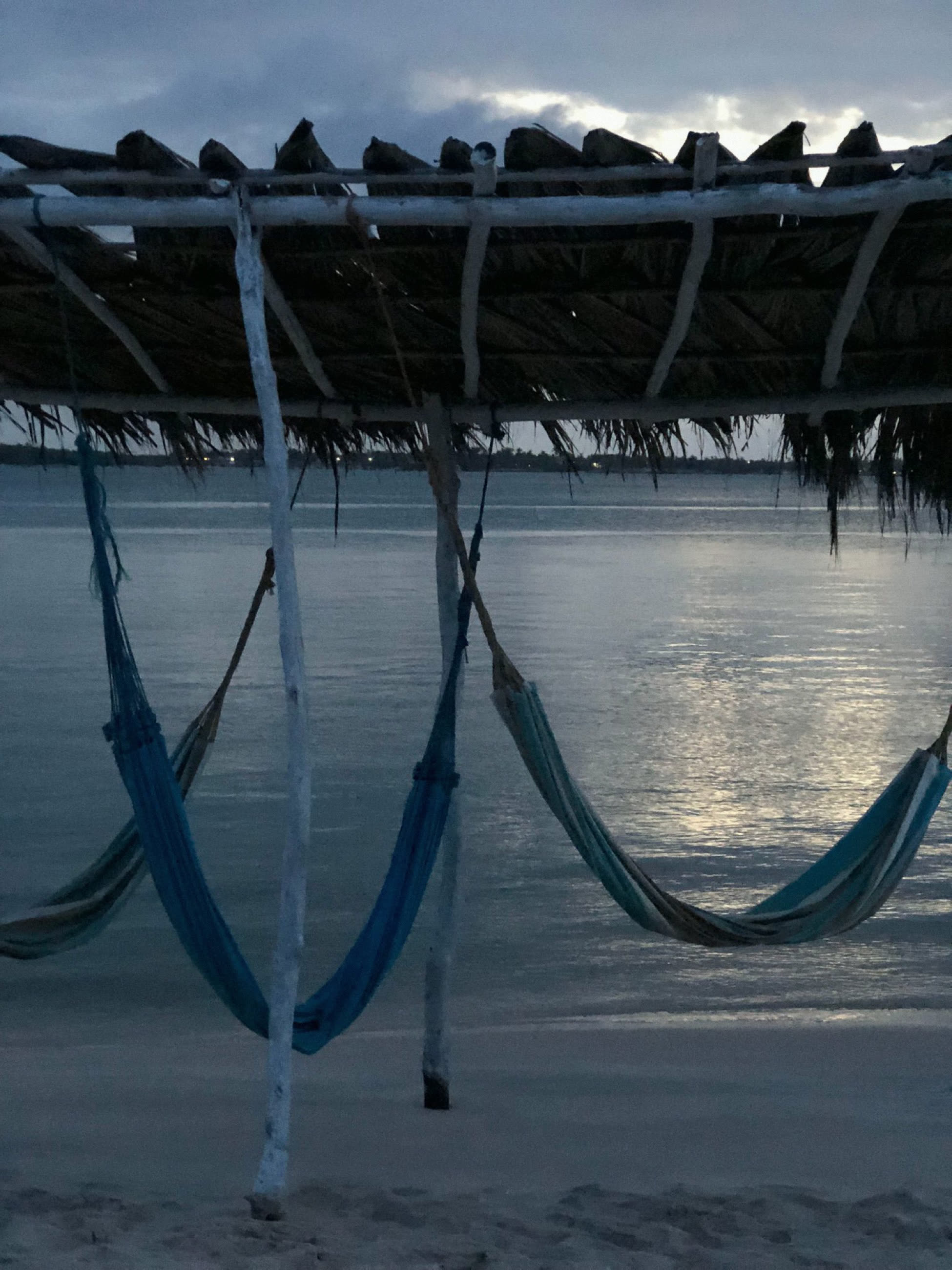 Hammocks by the water at dusk